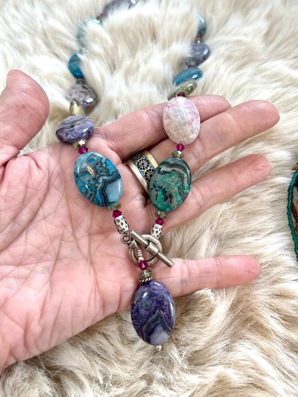 3 Multi-Strand Beaded Necklaces Set in Teal and Amber, multi stones